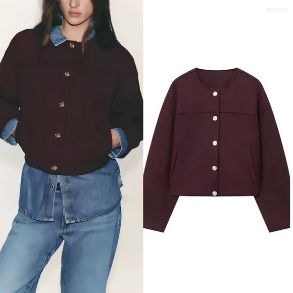 Zara Gold-Button Round-Neck Jacket in Deep Burgundy - Picture 3 of 6